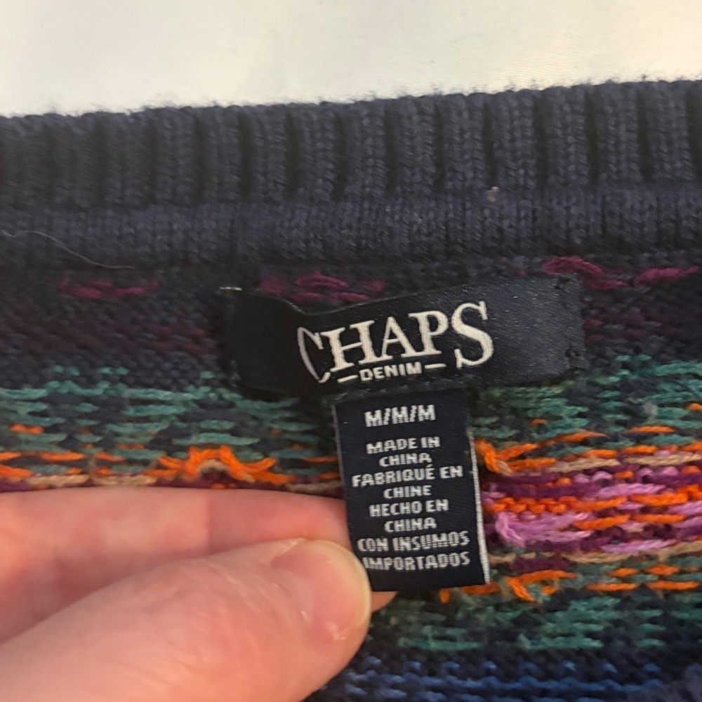 Chaps Denim Womens Navy Blue Fair Isle Cotton Blend Crewneck Sweater Size Medium - Picture 3 of 4